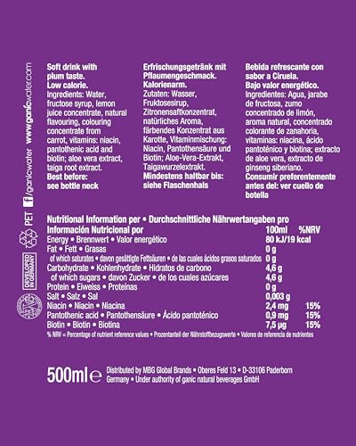 Ganics Vitaminwasser Wilde Pflaume - 12 x 0,5 L PET-Flaschen - Vitamin Booster & isotonisch