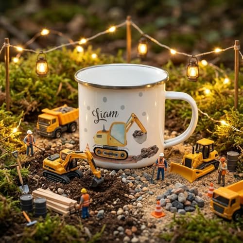 MiKalino Emaille Tasse Jungs - personalized Trinkbecher Kinder - Emaille Becher Weiß mit Bagger-Motiv - Kindertasse mit 