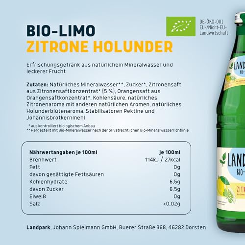 Landpark Bio-Limo Zitrone-Holunder 12 x 750 ml Glasflaschen - EU Organic - künstliche Farbstoffe und Konservierungsstoff
